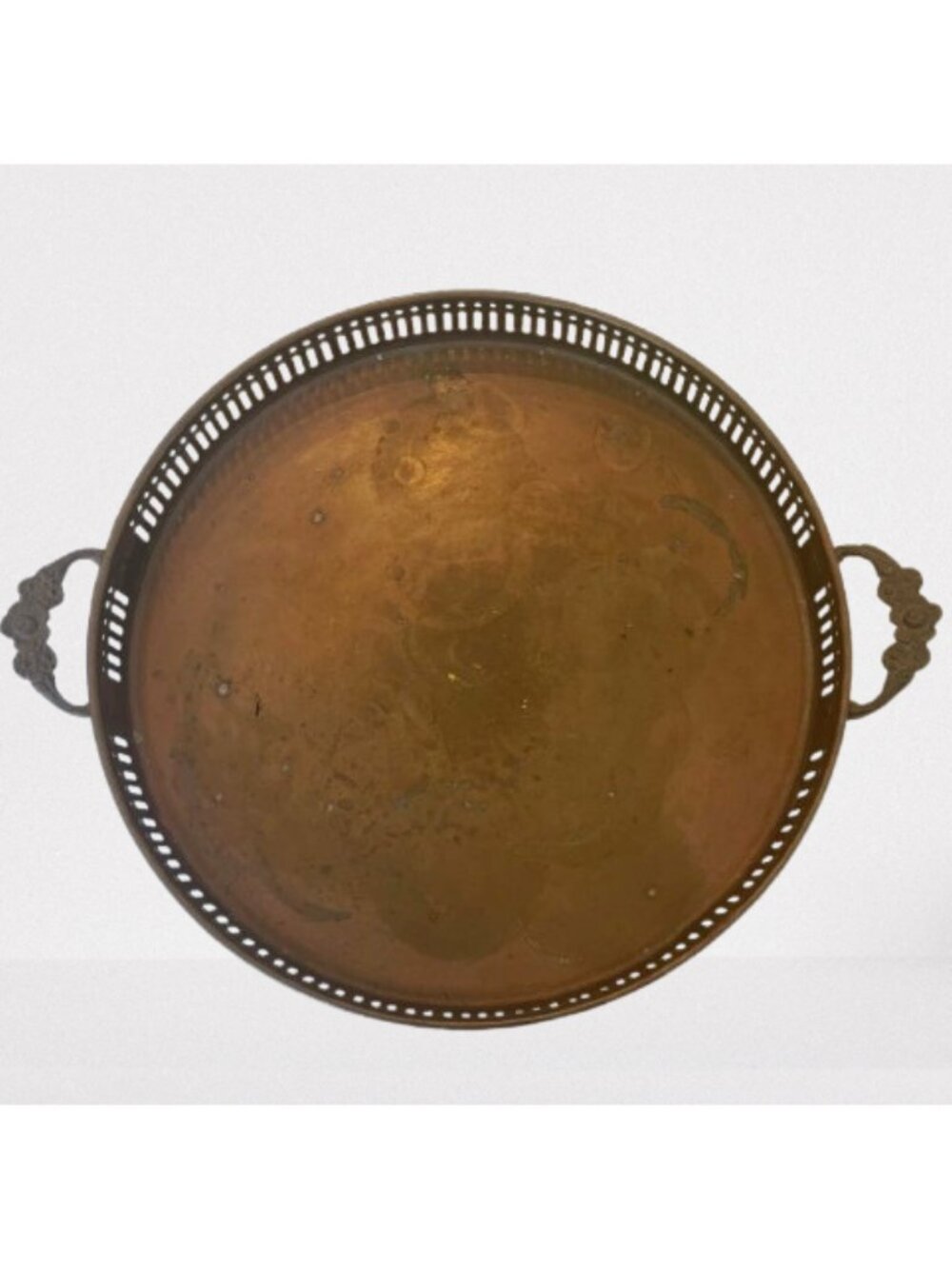 Vintage Brass Round Serving Tray Floral Ornate Handles Marked JM Natural Patina